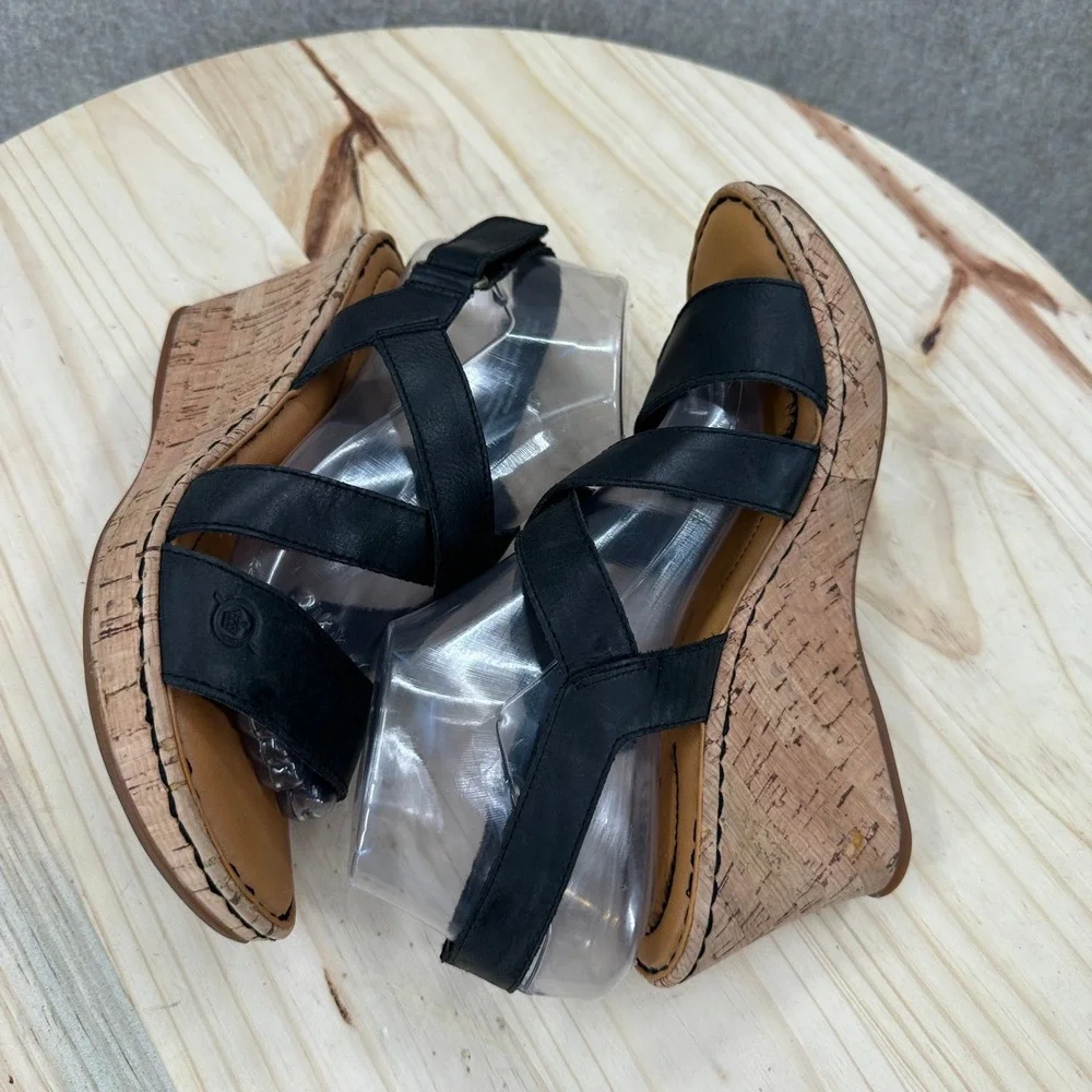 Born B.O.C. Schirra Wedge Sandals Womens 8 Black Faux Leather Strappy Cork Heel